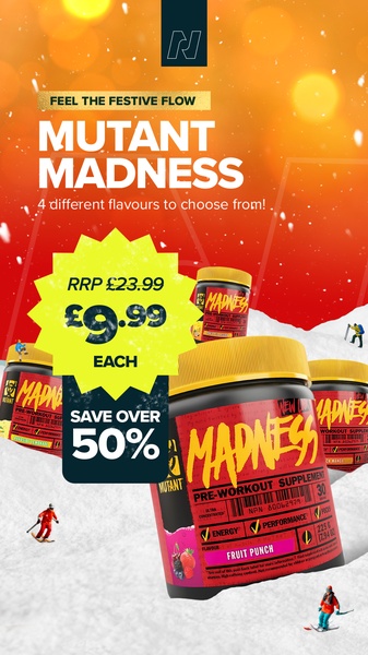 pre workout powder, workout supplement, energy supplement, fitness powder, sports nutrition, discount offer, holiday sale, modern typography, energetic, bold, red, yellow, neutral, christmas